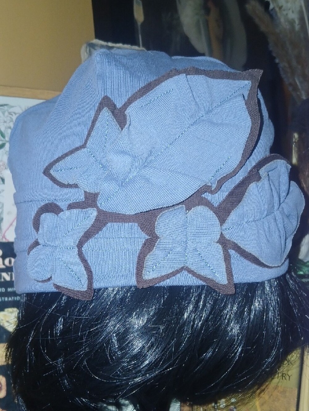 Osvyo Blue & Brown Floral Applique Cloche Organic Cotton Knit Hat